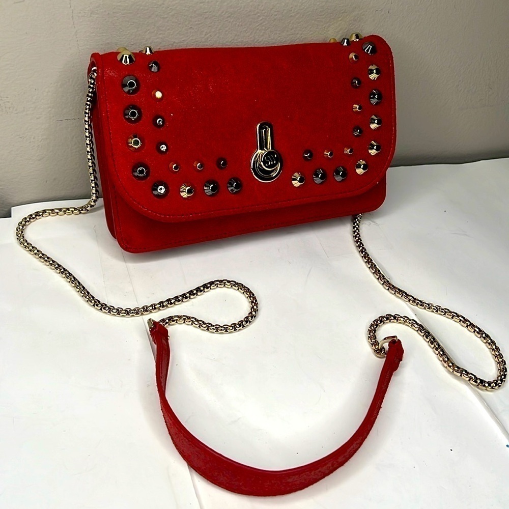 Stuart Weizman Red Sueded Leather Metal Grommet Crossbody Wallet on a Chain Bag